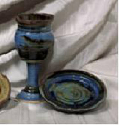 Small Earthenware Chalice and Paten Set, Dark Blue