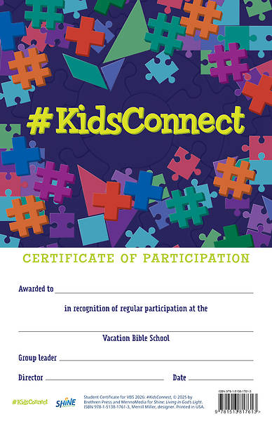 Vacation Bible School VBS 2026 #KidsConnect Student Participation Certificates (pack of 20)